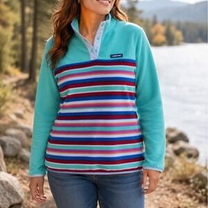 Lands End Fleece Pullover Womens M 10-12 Teal Striped Excellent Snap Neck Pocket